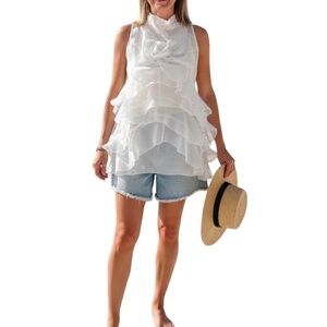 #A049    FT INC  White Organza Ruffle HI -LO top with Rosette Detail - XL